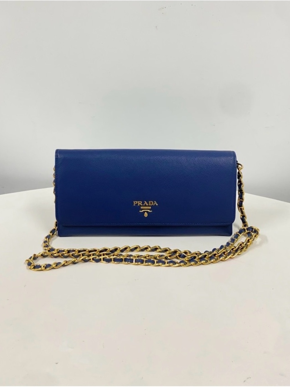 Prada Navy Blue Saffiano Leather Crossbody with Gold Chain